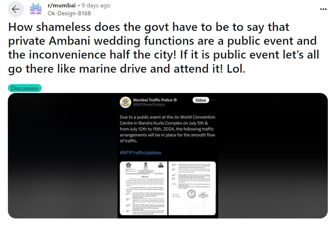 Netizens reacting to the traffic guidelines posted by Mumbai Traffic Police in light of the Ambani-Merchant wedding
