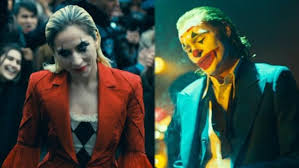 Harley Quinn (Lady Gaga) and Joker (Joaquin Phoenix) in character with makeup in 'Joker: Folie à Deux'