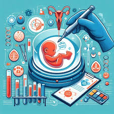 Illustration of IVF process showing fetus in a petri dish with medical tools and diagrams surrounding it.