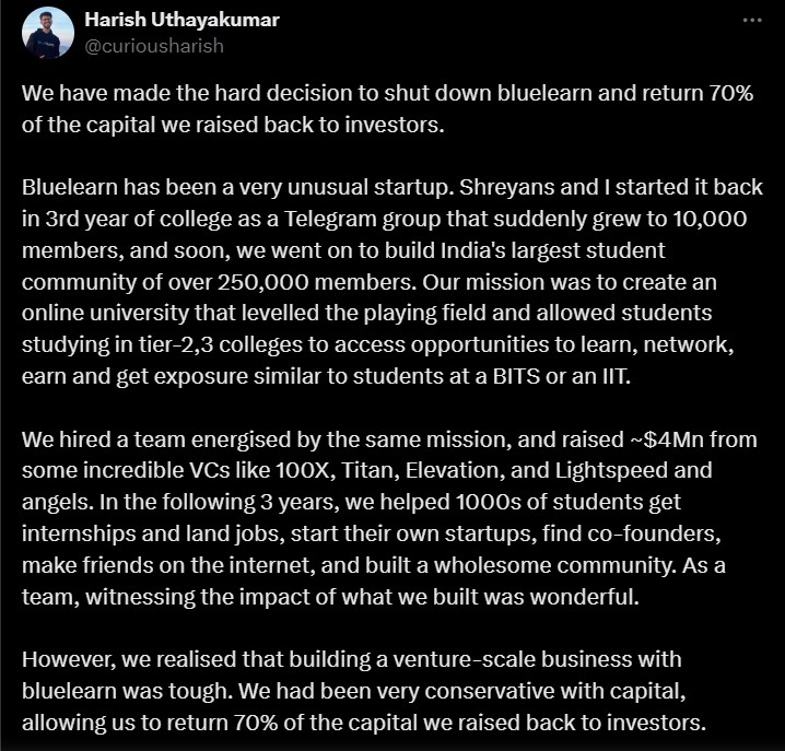 Snippet from the official shut-down announcement made on X (formerly Twitter) by Bluelearn's co-founder Harish Uthayakumar.
(Source: Harish Uthayakumar on X)