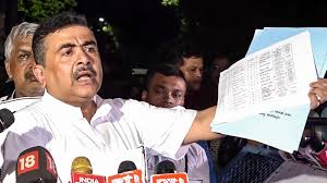 BJP Leader Suvendu Adhikari holding documents while addressing the media