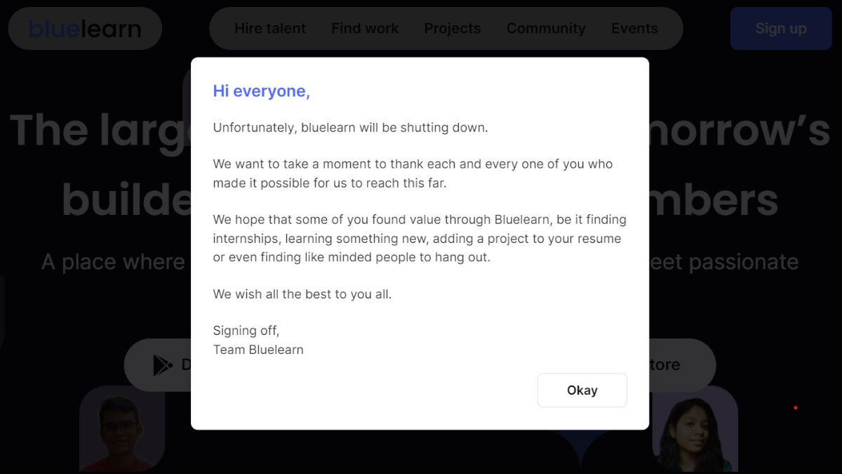 The notification reflected on Bluelearn's website. 
(Source: Bluelearn)