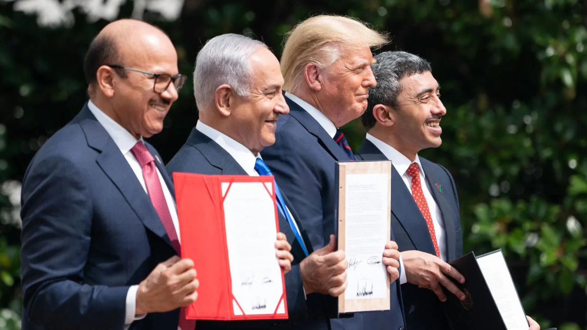 Abraham Accords Signing Ceremony 
From left: Representative of Bahrain, Israeli PM Netanyahu, former US President Donald Trump, representative of United Arab Emirates
(Source: Britannica) 