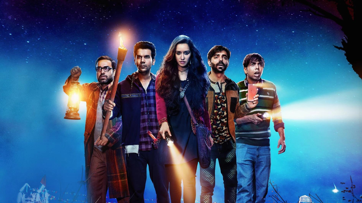 Stree, released in 2018 starring Pankaj Tripathi, Rajkummar Rao, Shraddha Kapoor, Aparshakti Khurana and Abhishek Banerjee (left to right).
(Source: Disney+ Hostart)