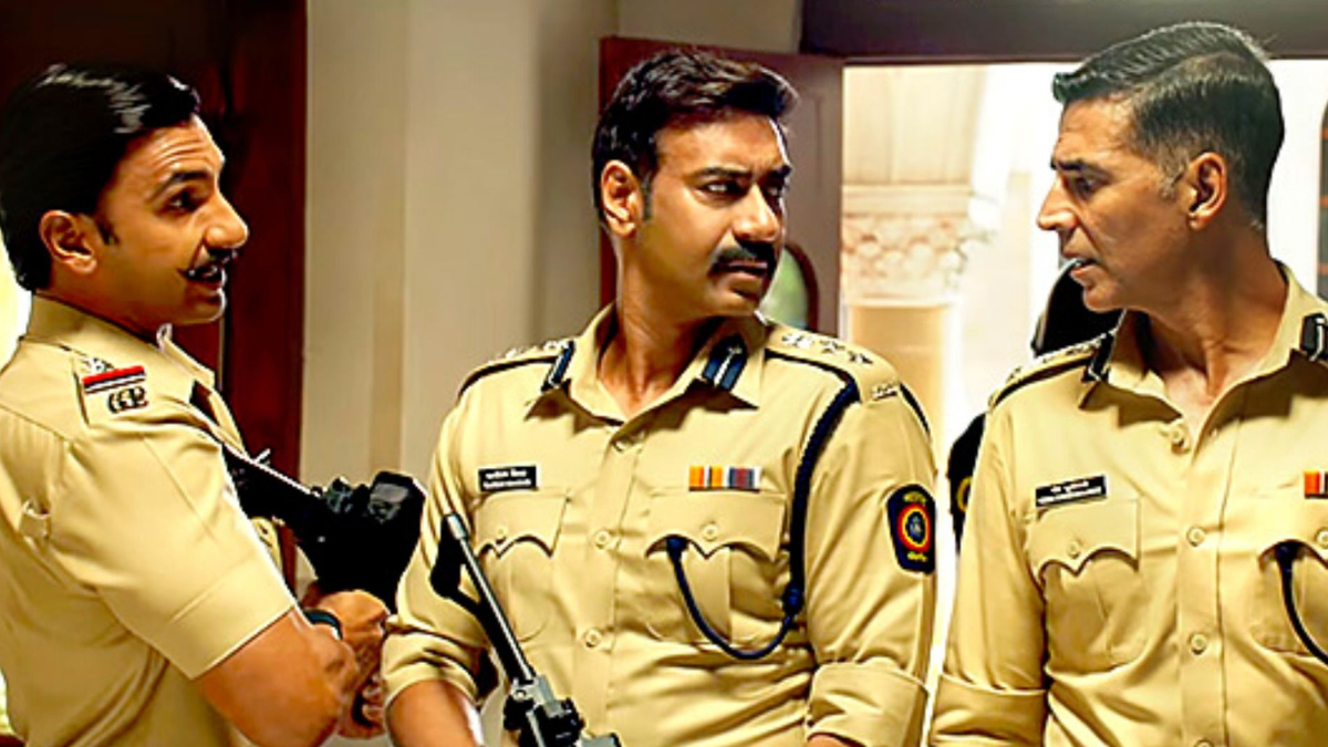 Ranveer Singh (left), Ajay Devgn (center) and Akshay Kumar (right), playing characters from Rohit Shetty's cop universe established by Singham. 
(Source: ZEE5)