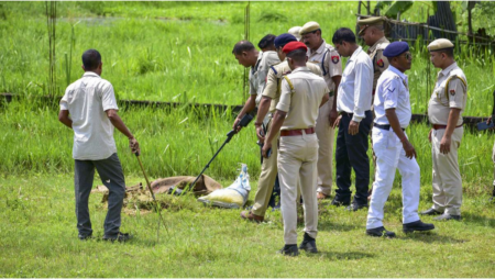 Assam Police conduct a search in Nagaon district on August 15, 2024, after ULFA (I) claimed to have planted bombs at 19 locations. | Photo Credit: PTI