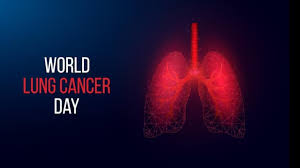 Graphic representation of human lungs in red with the text World Lung Cancer Day.