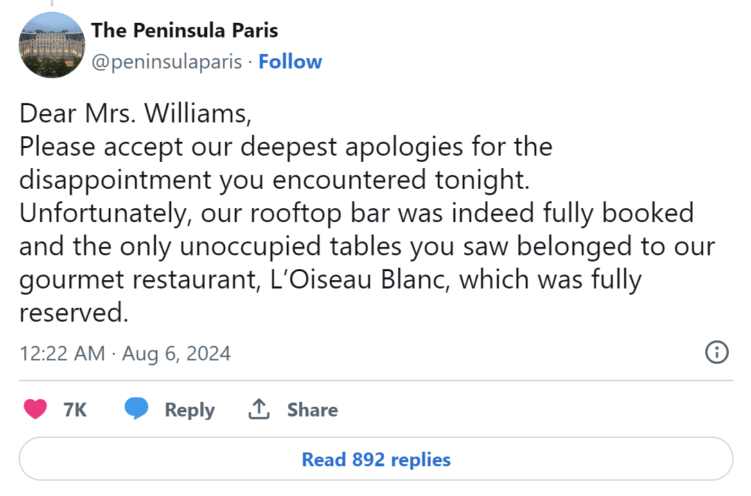 Hotel's reply to Serena William