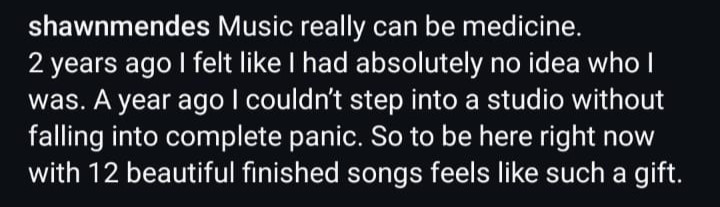 Shawn Mendes talks about his musical and healing journey during the 2 year break 
(Source: @shawnmendes on Instagram)