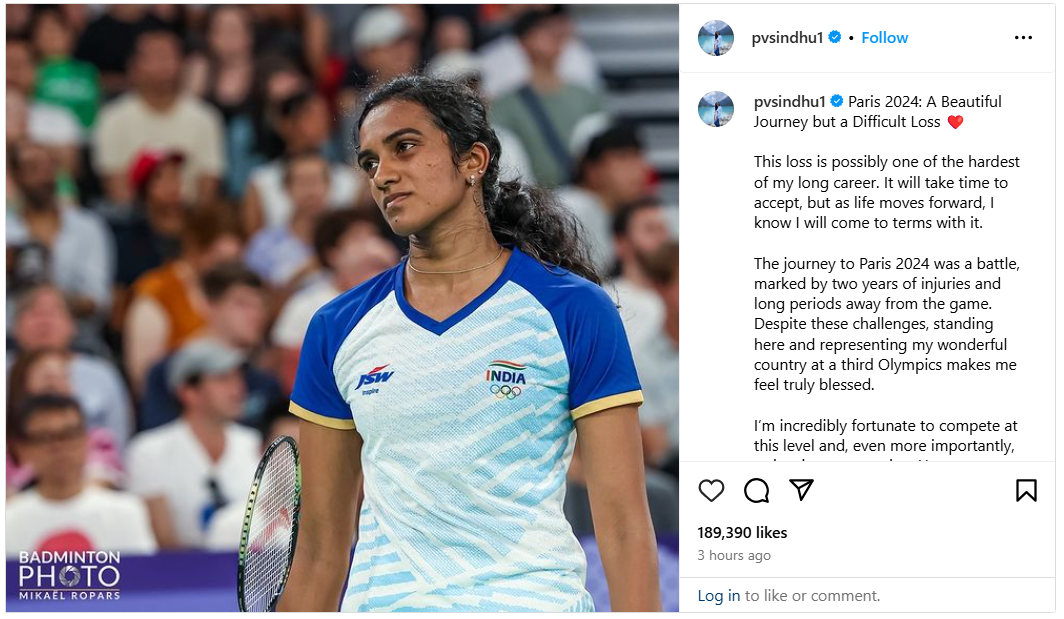 Instagram post by PV Sindhu: Paris 2024