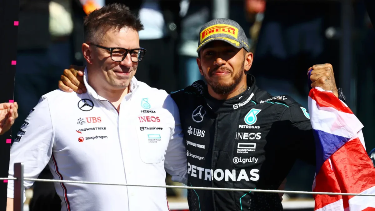 Lewis Hamilton with his engineer Bonnington at Silverstone Grand Prix podium