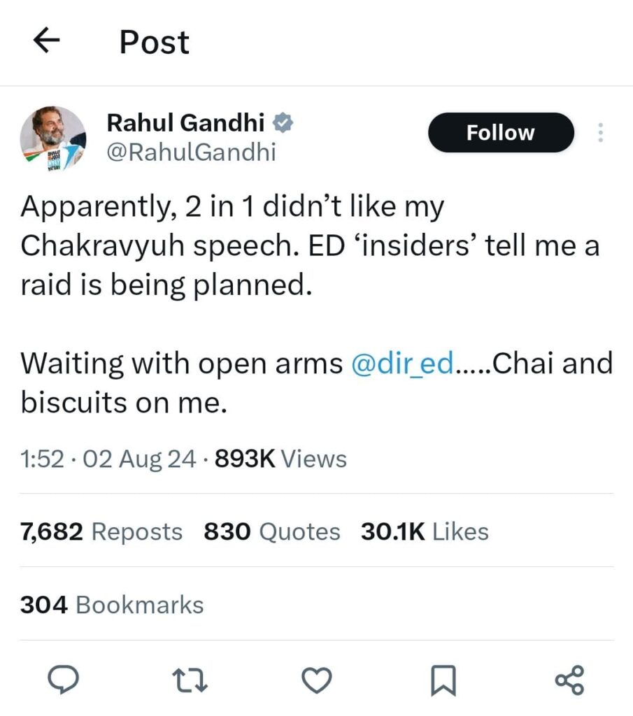 Rahul Gandhi's Twitter post