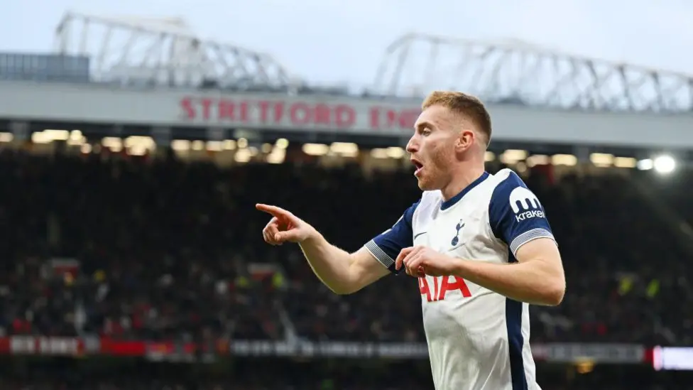 Tottenham's Dejan Kulusevski celebrates after scoring against Manchester United in the Premier League 2024-25 clash