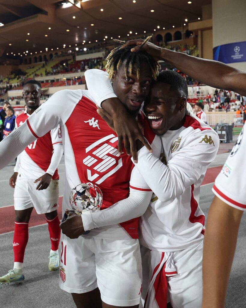 AS Monaco's George Ilenikhena celebrating his MOTM award after defeating FC Barcelona in UCL 2024-25