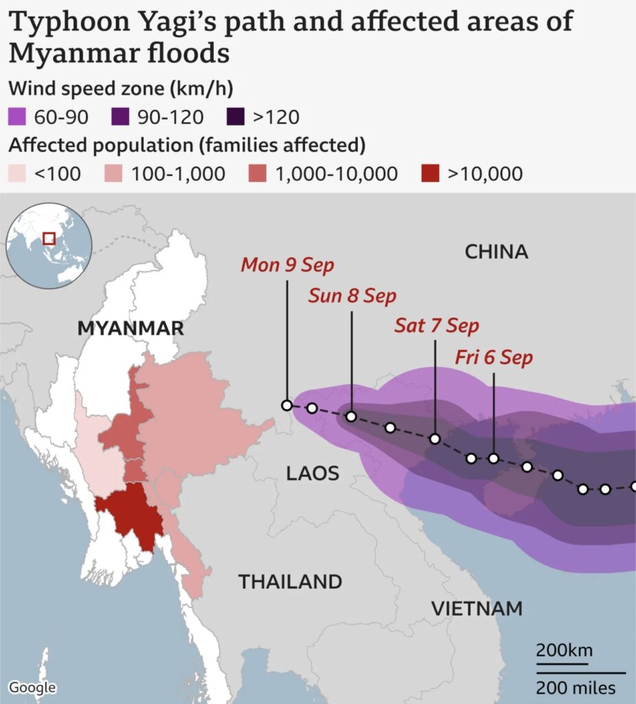 Map showcasing the areas affected and the density of the havoc caused by Typhoon Yagi 