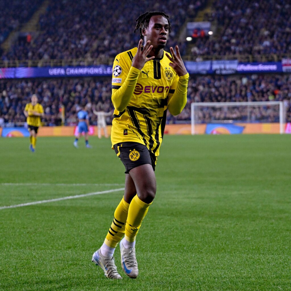 Dortmund's Jamie Bynoe-Gittens celebrating his goal against Club Brugge in UCL 2024-25.