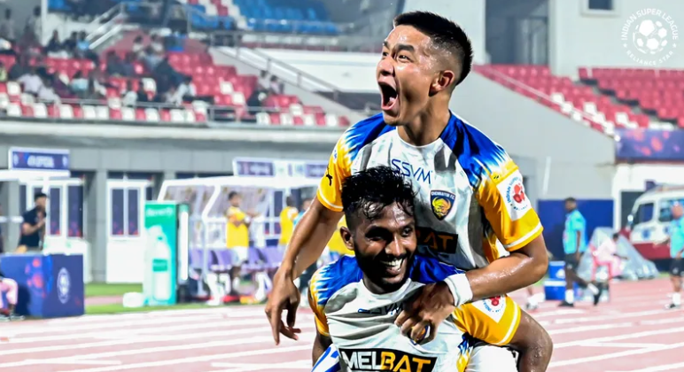 Chennaiyan FC's Farukh Choudhury celebrates his goal with Lalrinliana Hnamte against Odisha FC in ISL 2024-25