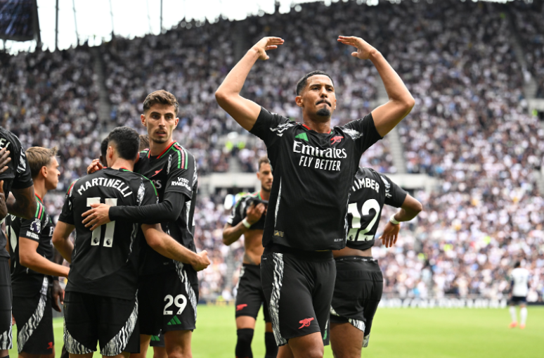 William Saliba celebrating Arsenal's win against Tottenham Hotspur