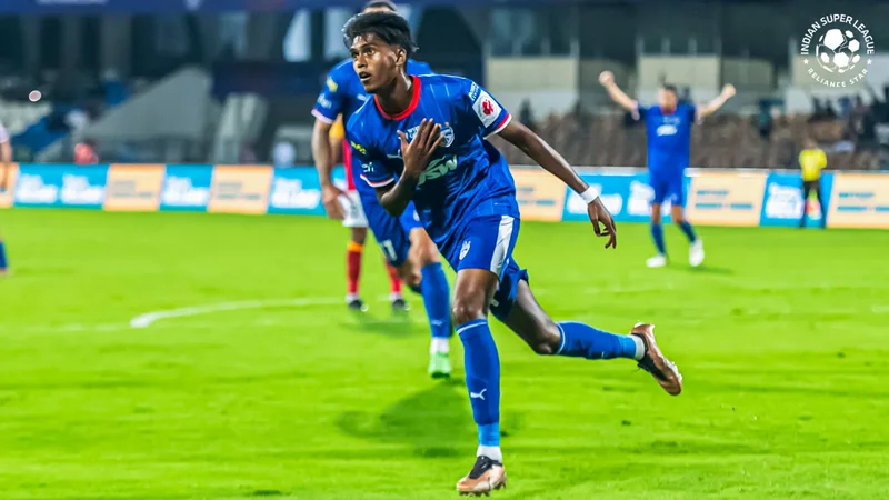 Bengaluru FC's homegrown talent Vinith Venkatesh celebrates after scoring against East Bengal FC