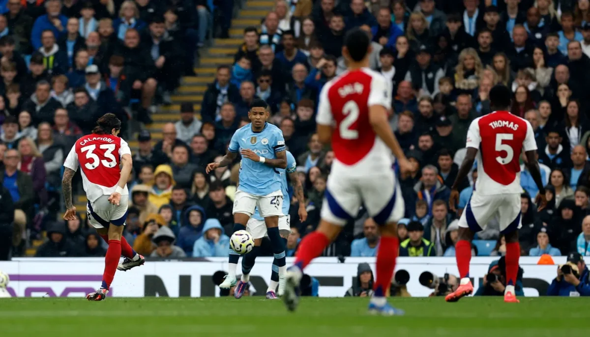 Premier League 2024-25: Arsenal's Riccardo Calafiori scoring against Manchester City.