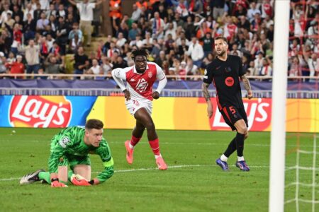 AS Monaco's George Ilenikhena scoring against Barcelona in UCL 2024-25