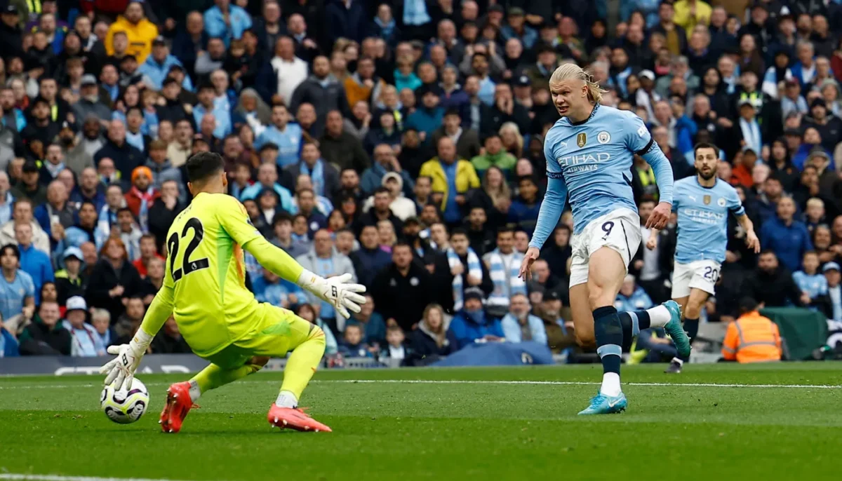 Premier League 2024-25: Erling Haaland scores his 100th goal for Manchester City against Arsenal.