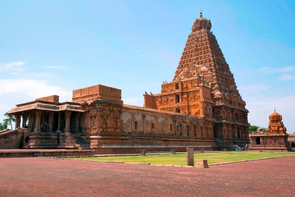 The image shows Brihadeshwar temple, built by Raja  Raja Chola and is located in Tamil Nadu.