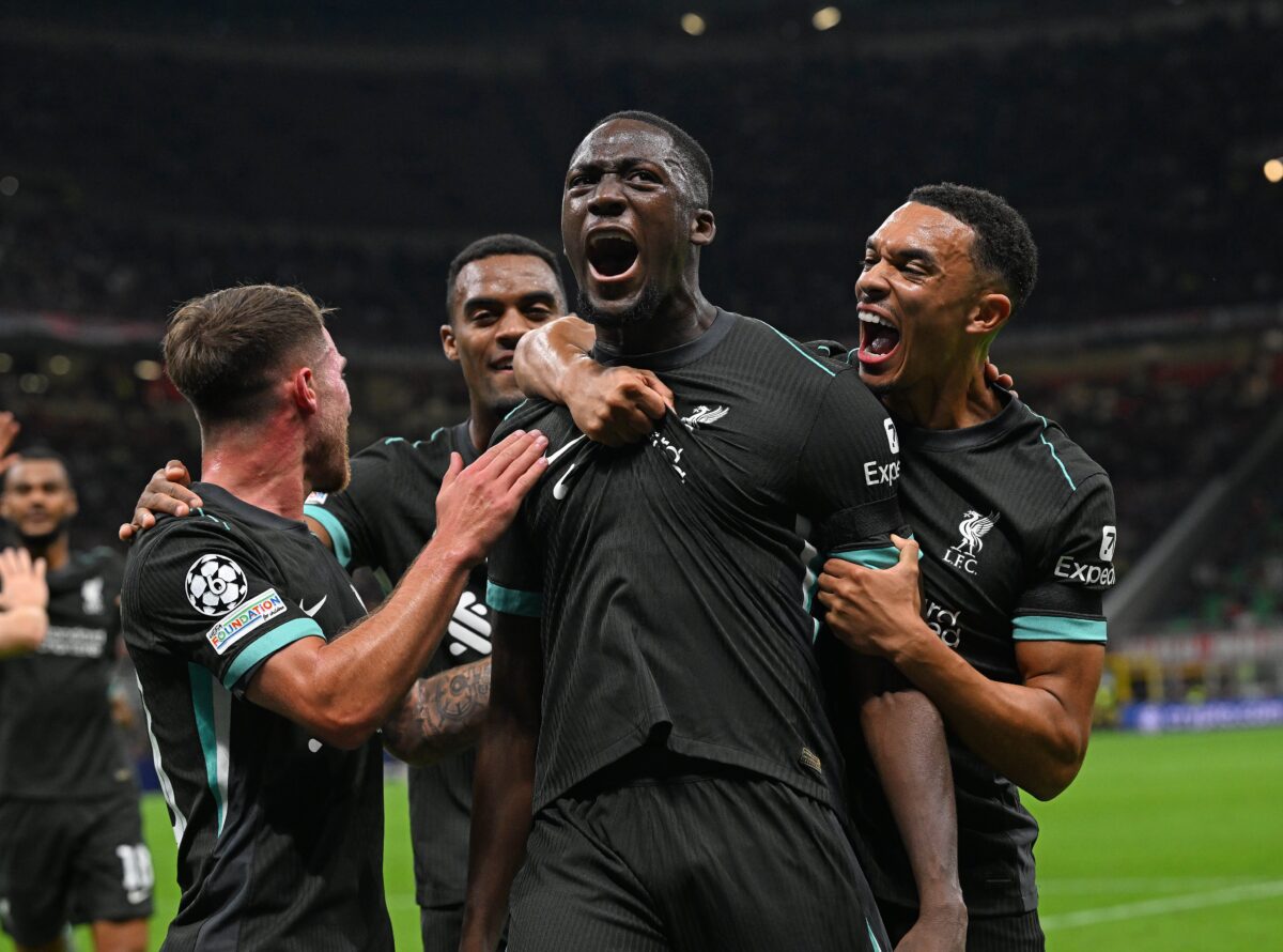 Liverpool's Ibrahima Konaté celebrating his goal against AC Milan in UCL 2024-25.