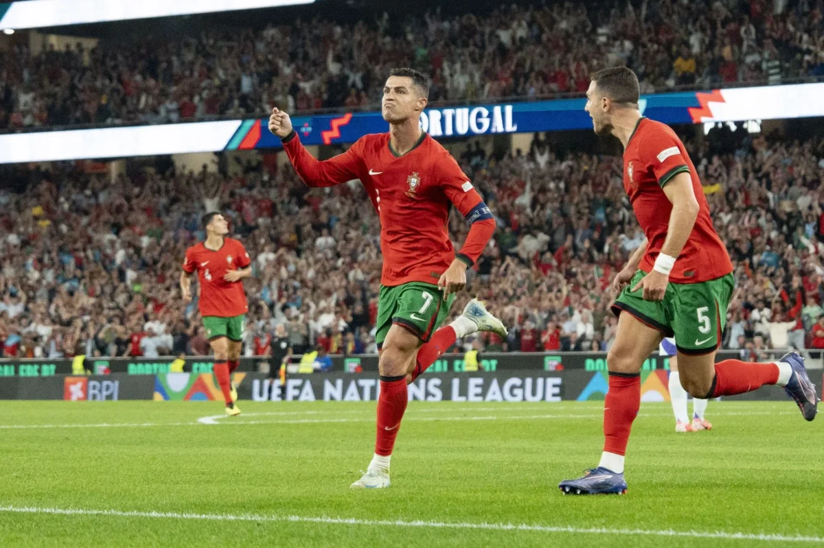 Portugal's Cristiano Ronaldo Celebrates his goal against Scotland in the Nations League.