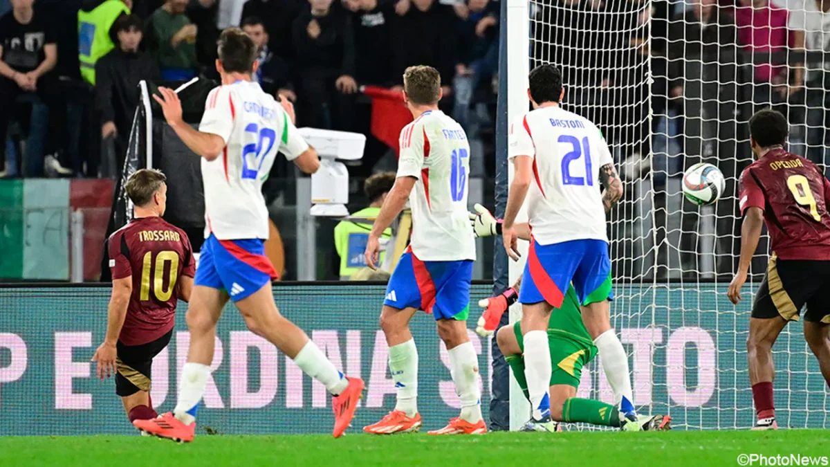 Belgium's Leandro Trossard scoring the second goal for the Netherlands against Italy in the UEFA Nations League.