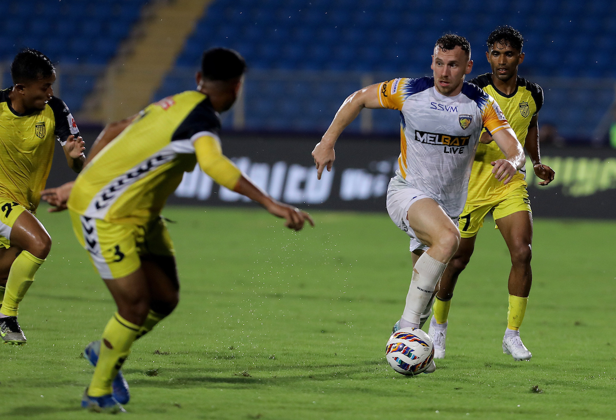 during match 19  of the Indian Super League (ISL) 2024 -25 season played between Hyderabad FC and Chennaiyn FC held at the G.M.C. Balayogi Athletic Stadium,Gachibowli in Hyderabad, on 1st October 2024.