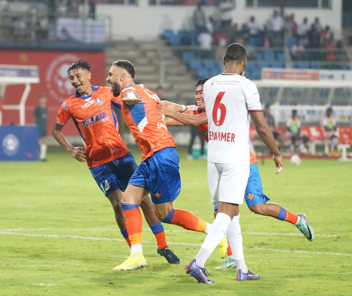 FC Goa's Armando Sadiku celebrates his goal with Ayush Dev Chhetri during Match No 22 of the Indian Super League (ISL) 2024-25 season played between FC Goa and NorthEast United FC held at the Jawaharlal Nehru Stadium, Goa, on 04 October 2024.