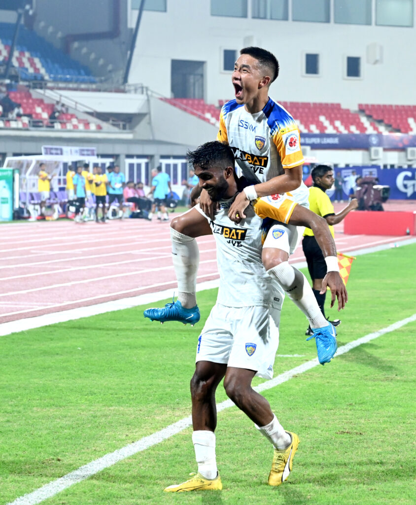 Farukh Choudhury and Lalrinliana Hnamte of Chennaiyin FC during match no 02 of the Indian Super League (ISL) 2024-25 season played between Odisha FC and Chennaiyin FC held at the Kalinga Stadium, Bhubaneswar on 14 September 2024.