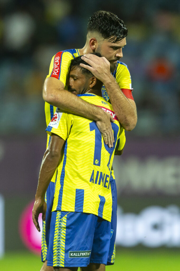 Kerala Blasters FC and East Bengal FC players greet each other after the match 11 of the Indian Super League (ISL) 2024 -25 season played between Kerala Blasters FC vs East Bengal FC held at the Jawaharlal Nehru Stadium  in Kerala on 22nd September 2024.