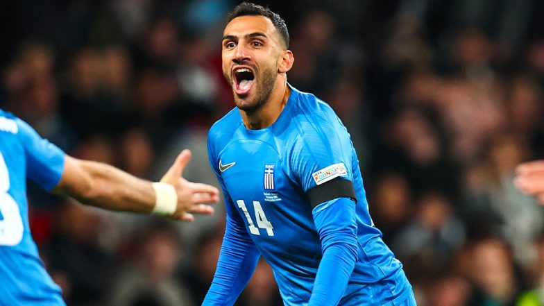 Greece's Vangelis Pavlidis celebrating his goal against England in the Nations League. 