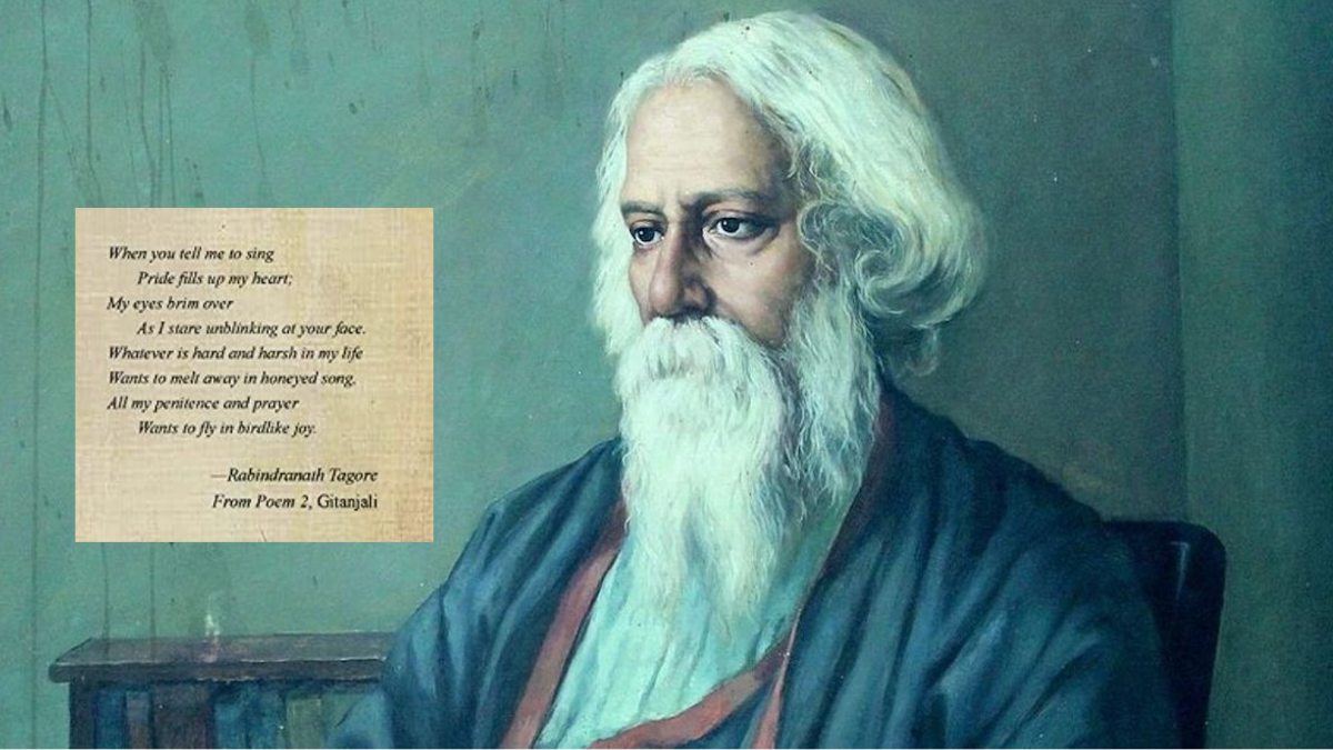 portrait of Rabindranath tagore with lines from his poem 2 from Gitanjali