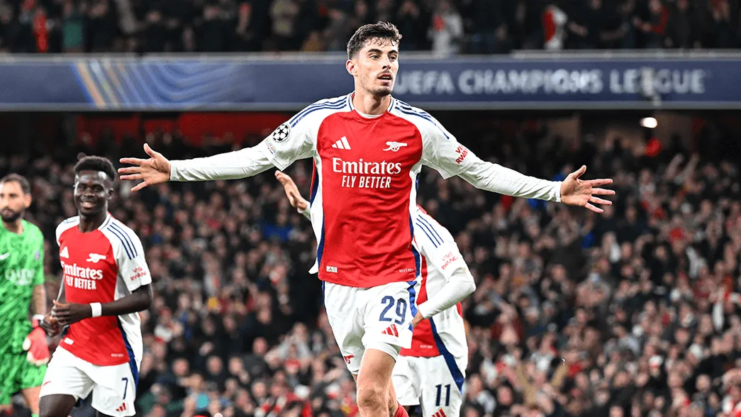 Arsenal's Kai Havertz celebrates his goal against PSG in UCL 2024-25.