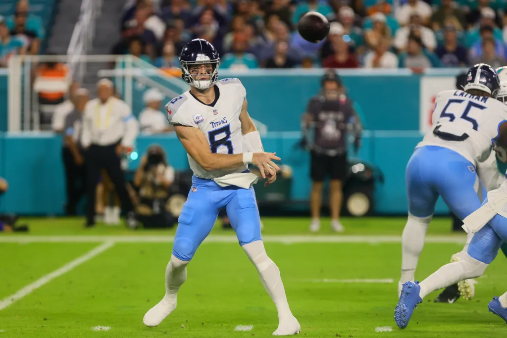 Sep 30, 2024; Miami Gardens, Florida, USA; Tennessee Titans quarterback Will Levis (8) throws the football against the Miami Dolphins during the first quarter at Hard Rock Stadium. 