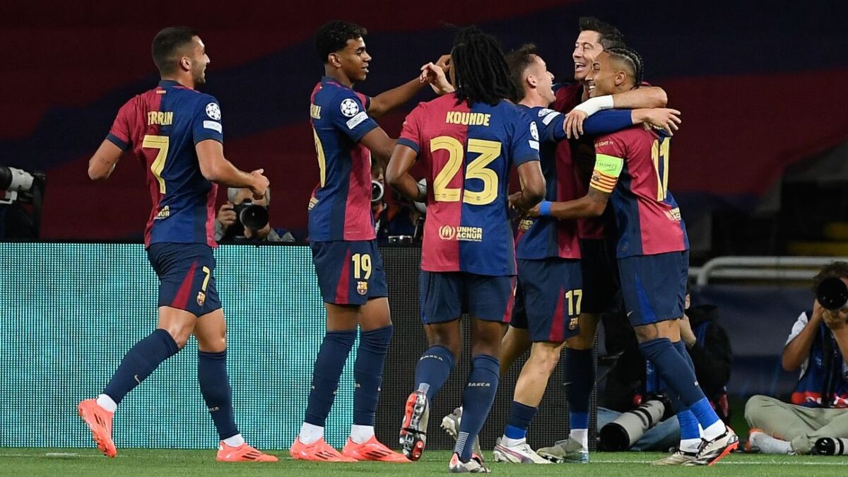 Barcelona players celebrate after scoring a goal against Young Boys in the UCL 2024-25.