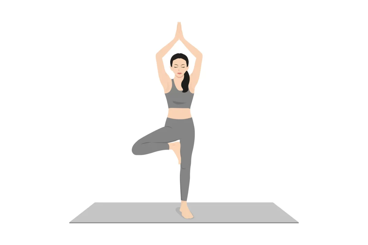 Animated girl doing Tree pose of yoga.