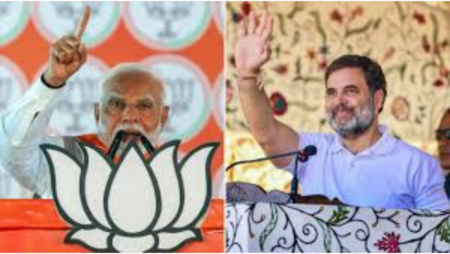 PM Modi and Rahul Gandhi at their respective rally