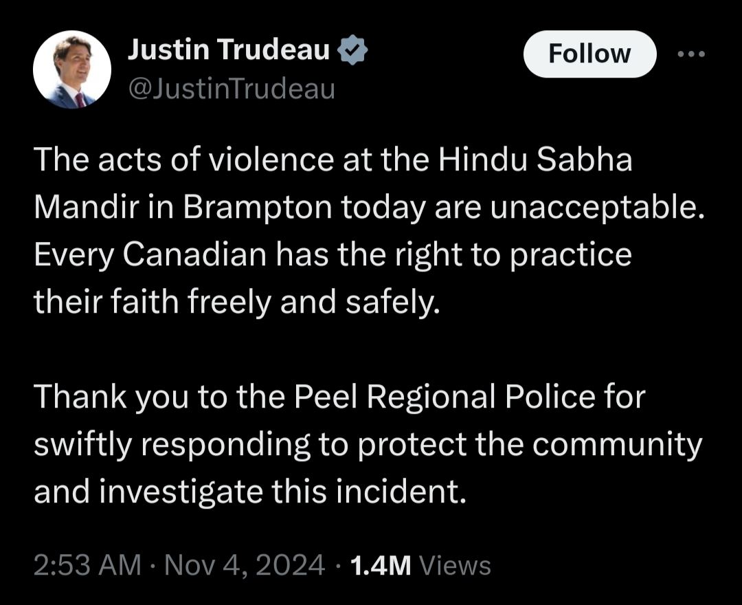 Tweet of Justin Trudeau amidst security tension 