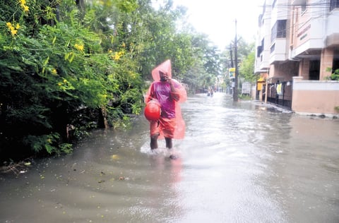 The streets of Puducherry remain inundated as Cyclone Fengal brings massive rainfall to the Union Territory, Sunday, Dec. 1, 2024.