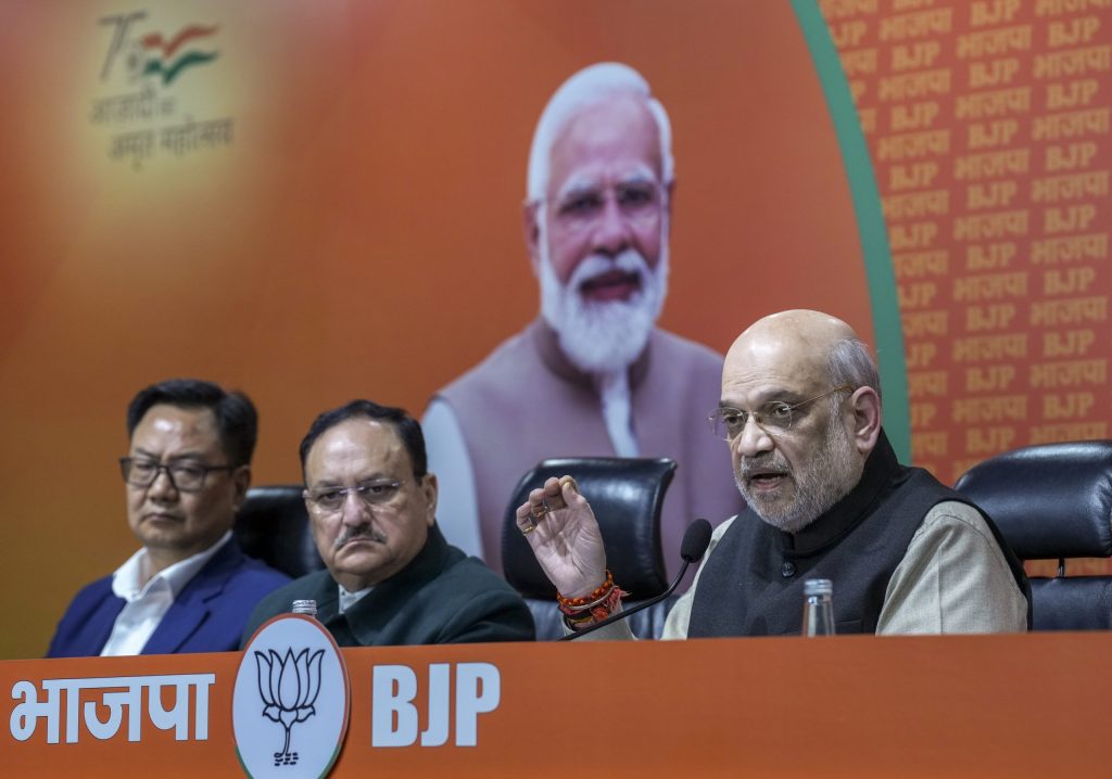 Amit Shah during a press conference after his remarks on Ambedkar.