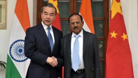 Indian NSA Ajit Doval and Chinese foreign Minister Wang Yi Shaking hands AMID the Special Representatives talks