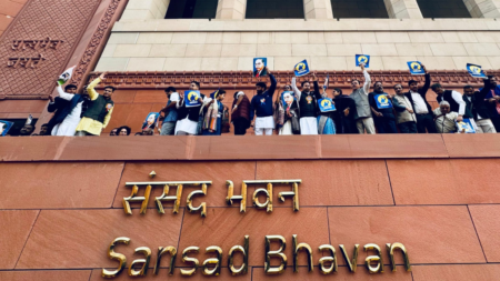 opposition parties during protests outside parliament after Amit Shah's remarks on Ambedkar.