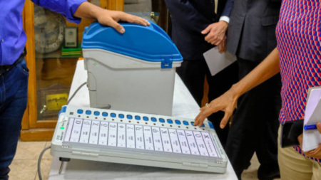 EVM machine at a polling booth during elections.