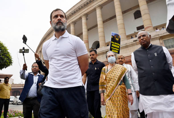 Rahul Gandhi with Sonia Gandhi and Mallikarjun kharge ouside parliament.