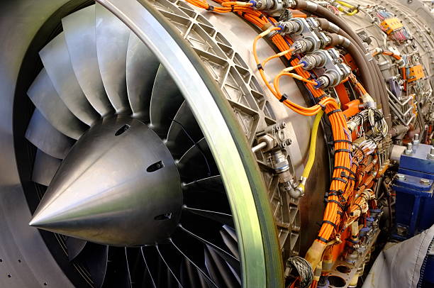 Wide angle close-up image of aeronautical engine, belonging to a Euro-fighter Typhoon.