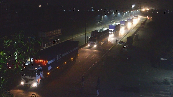 Trucks containing waste leaving Bhopal.